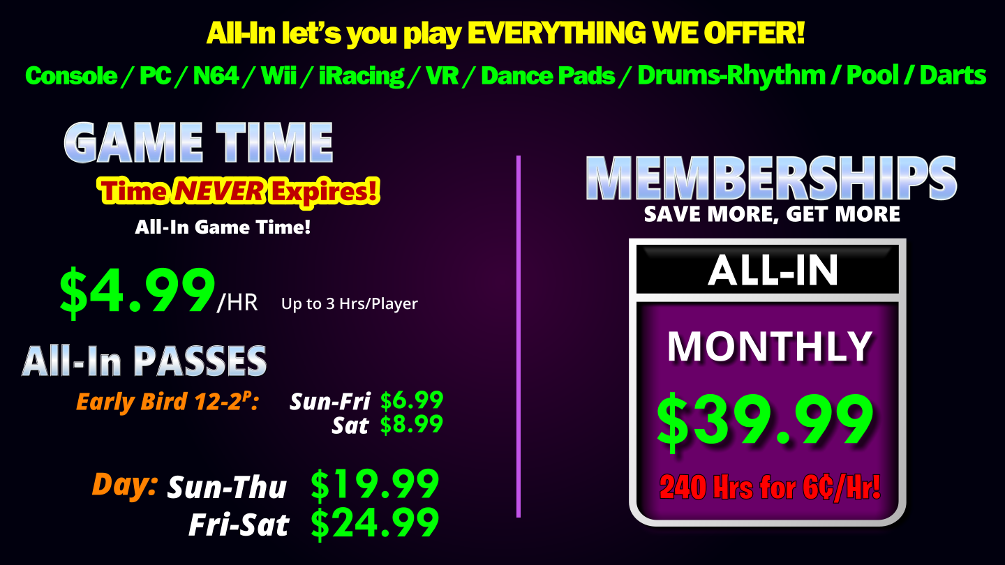 All-in Passes and Memberships. Play EVERYTHING We offer for one low price!